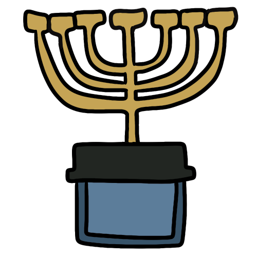 a gold temple menorah above a blue box capped by a black rectangle.